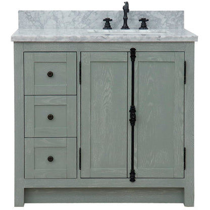 37" Single vanity in Gray Ash finish with White Carrara top and rectangle sink Right doors/Right sink