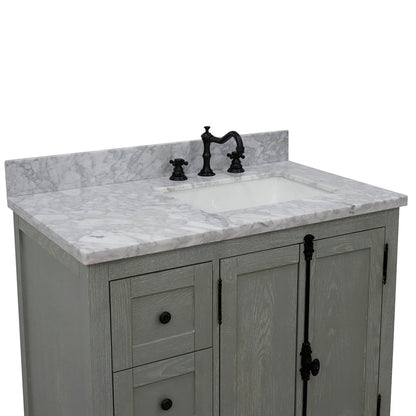 37" Single vanity in Gray Ash finish with White Carrara top and rectangle sink Right doors/Right sink