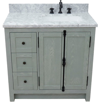 37" Single vanity in Gray Ash finish with White Carrara top and rectangle sink Right doors/Right sink