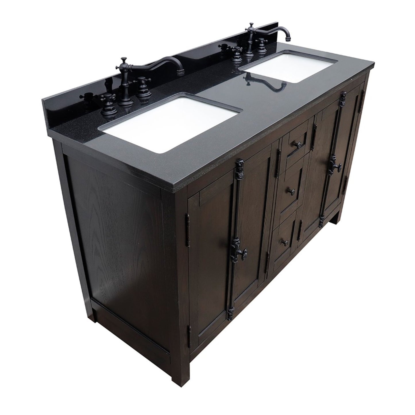 55" Double vanity in Brown Ash finish with Black Galaxy top and rectangle sink