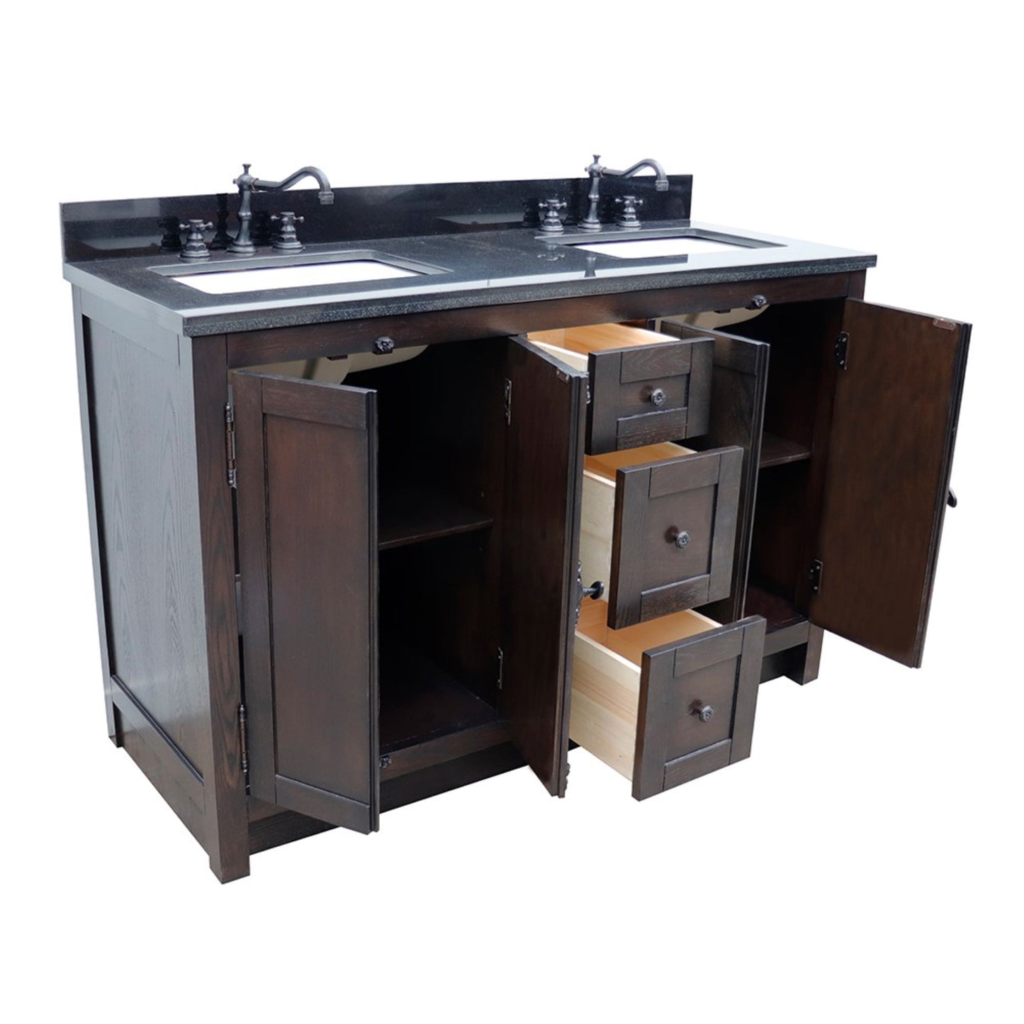 55" Double vanity in Brown Ash finish with Black Galaxy top and rectangle sink