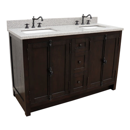 55" Double vanity in Brown Ash finish with Gray Granite top and rectangle sink