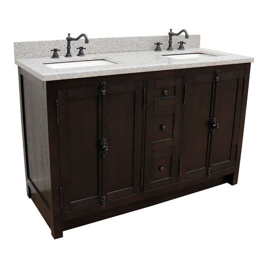 55" Double vanity in Brown Ash finish with Gray Granite top and rectangle sink