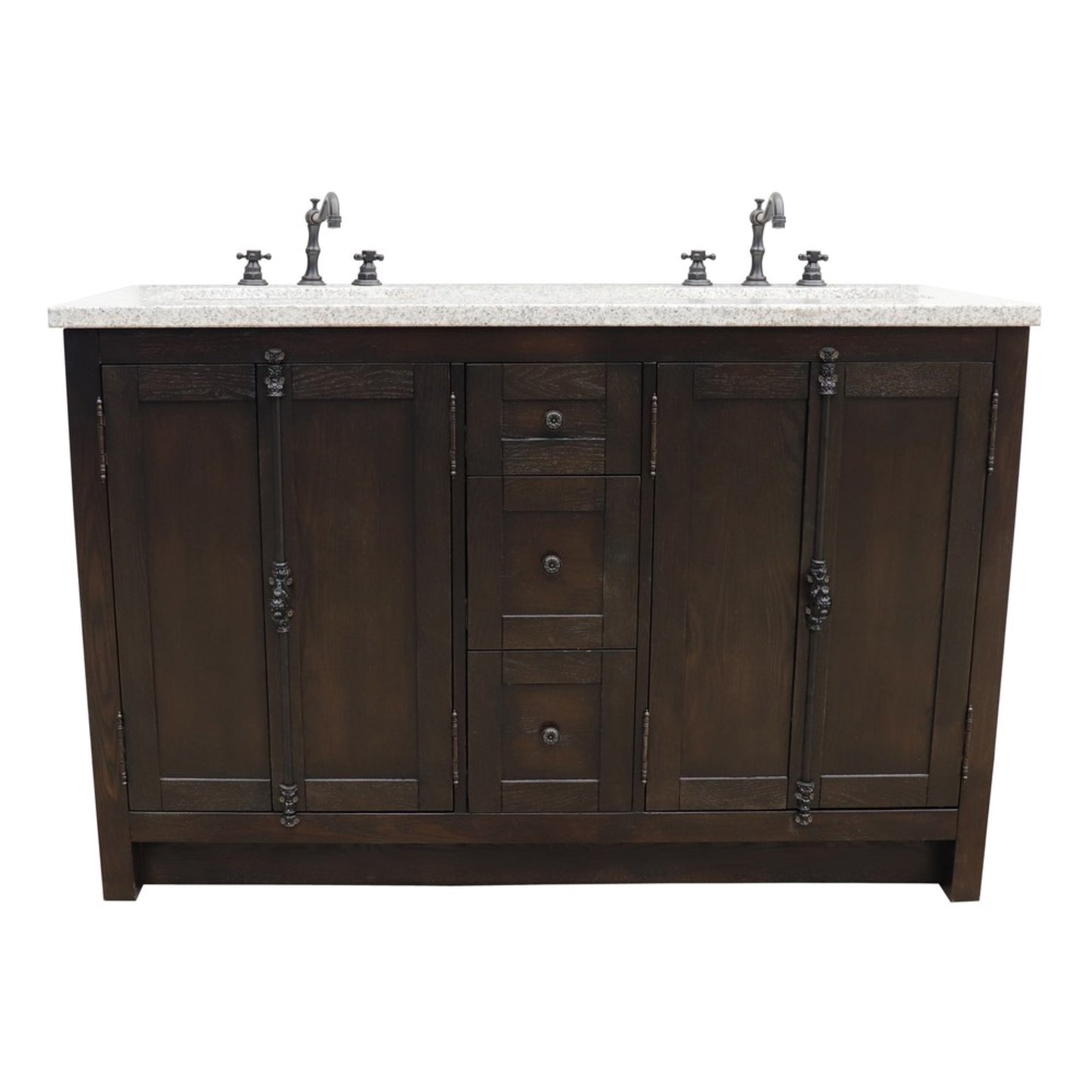 55" Double vanity in Brown Ash finish with Gray Granite top and rectangle sink