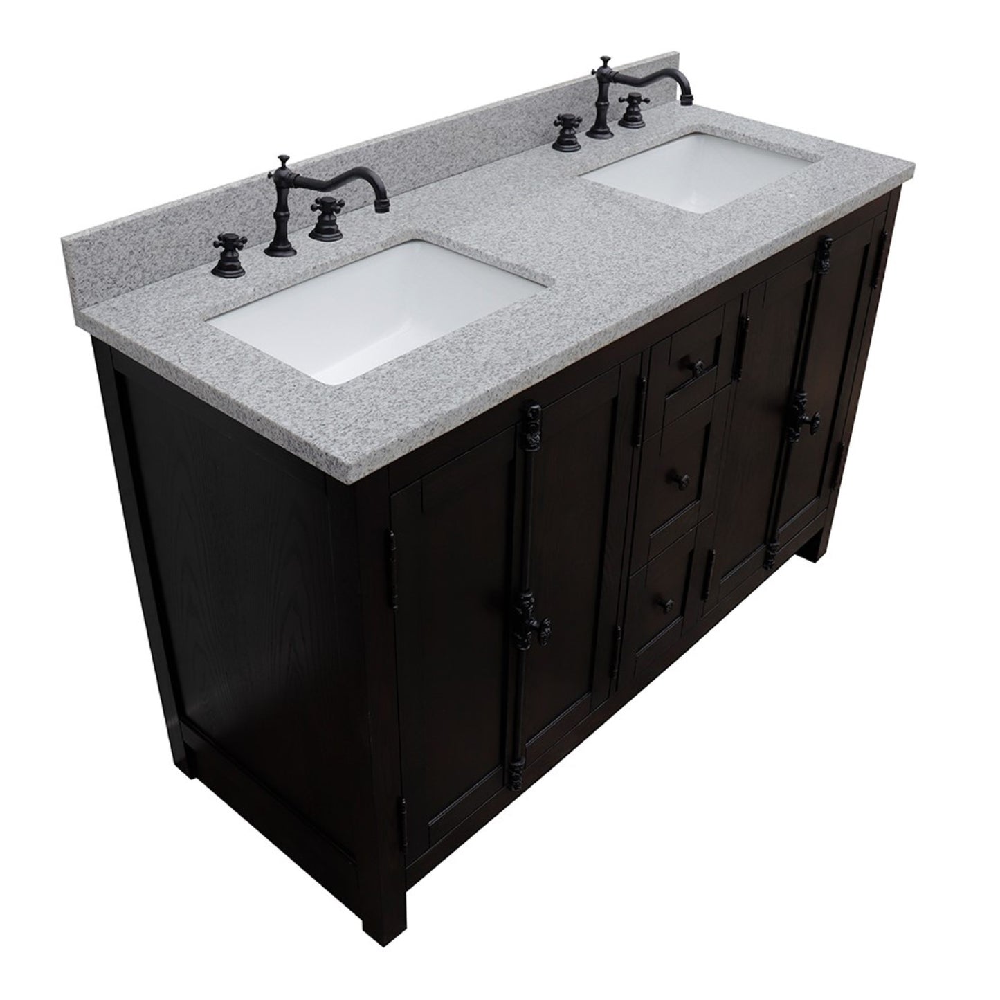 55" Double vanity in Brown Ash finish with Gray Granite top and rectangle sink