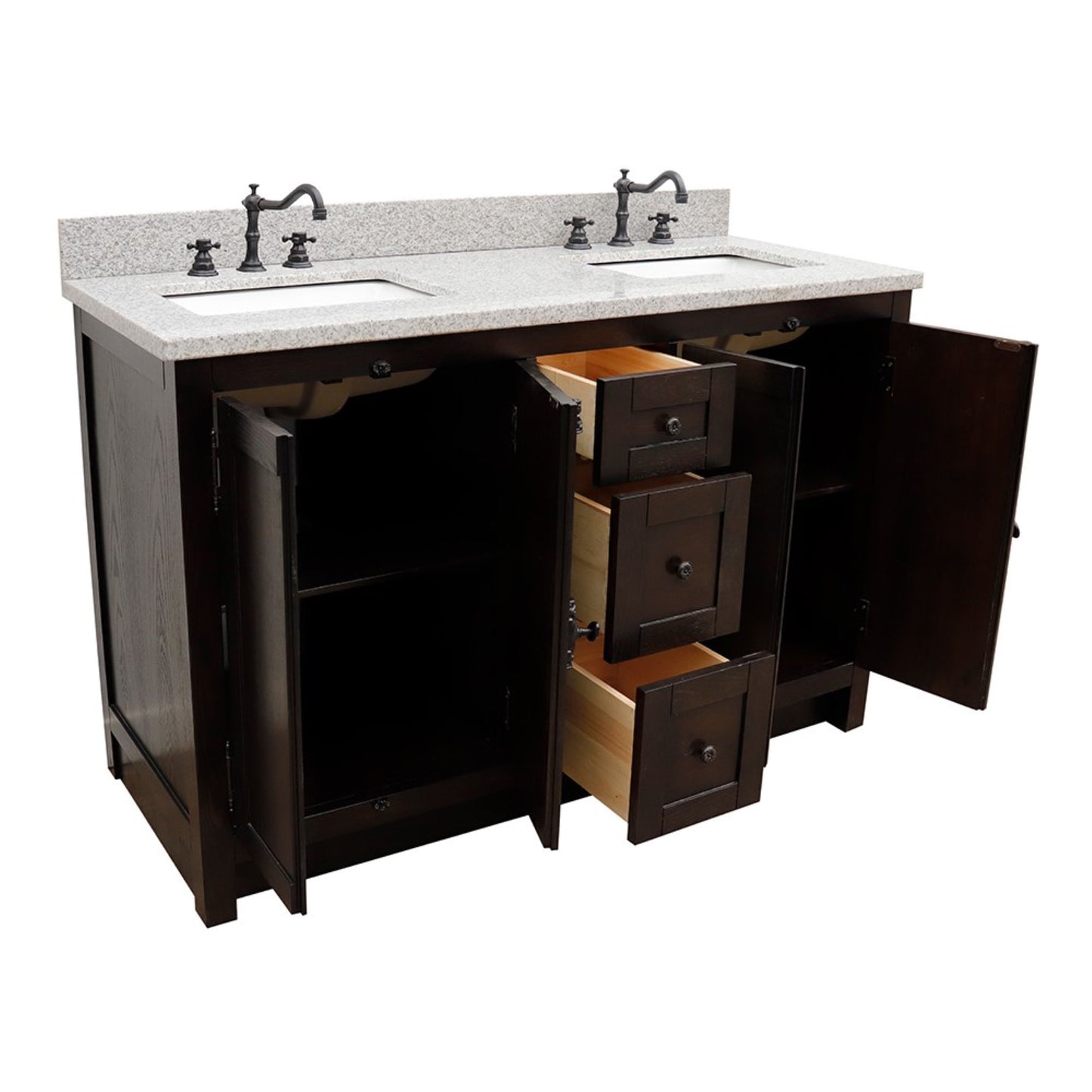 55" Double vanity in Brown Ash finish with Gray Granite top and rectangle sink