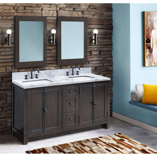 55" Double vanity in Brown Ash finish with White Carrara top and rectangle sink