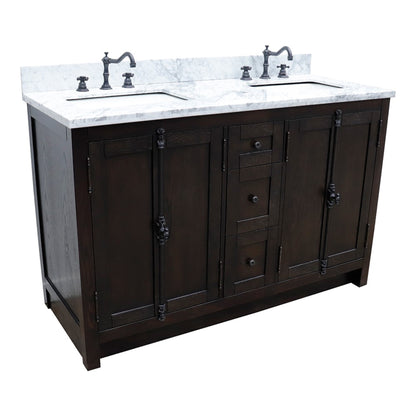 55" Double vanity in Brown Ash finish with White Carrara top and rectangle sink