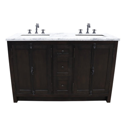 55" Double vanity in Brown Ash finish with White Carrara top and rectangle sink