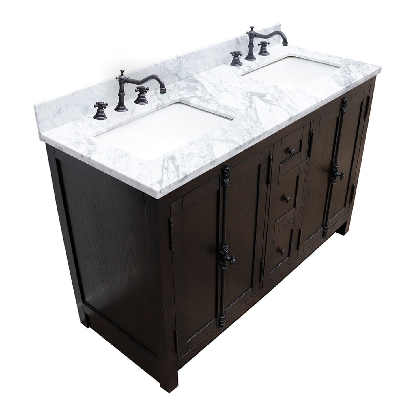 55" Double vanity in Brown Ash finish with White Carrara top and rectangle sink