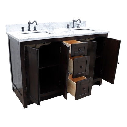55" Double vanity in Brown Ash finish with White Carrara top and rectangle sink