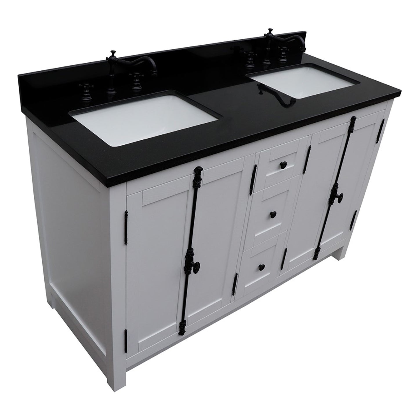 55" Double vanity in Glacier Ash finish with Black Galaxy granite top and rectangle sink