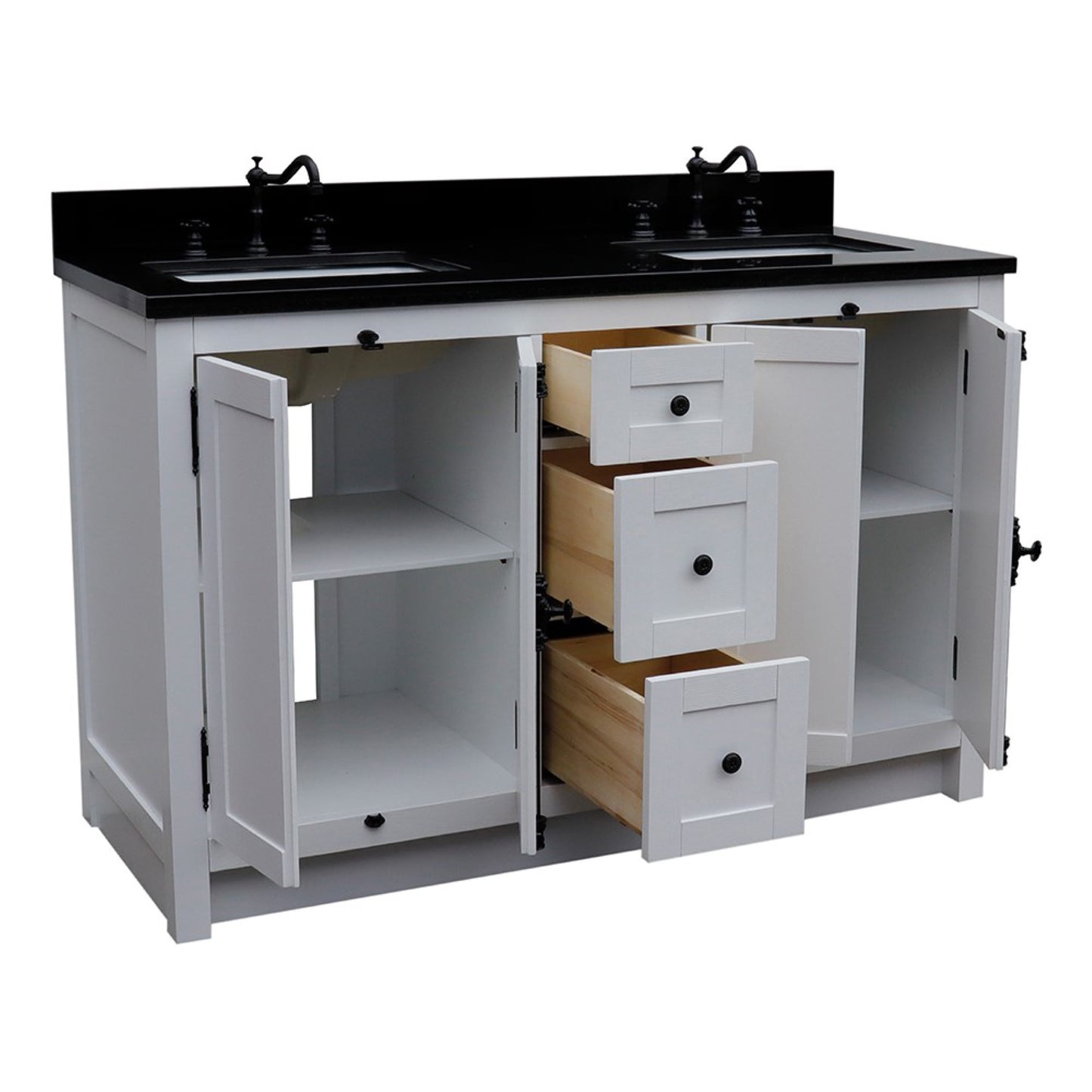 55" Double vanity in Glacier Ash finish with Black Galaxy granite top and rectangle sink