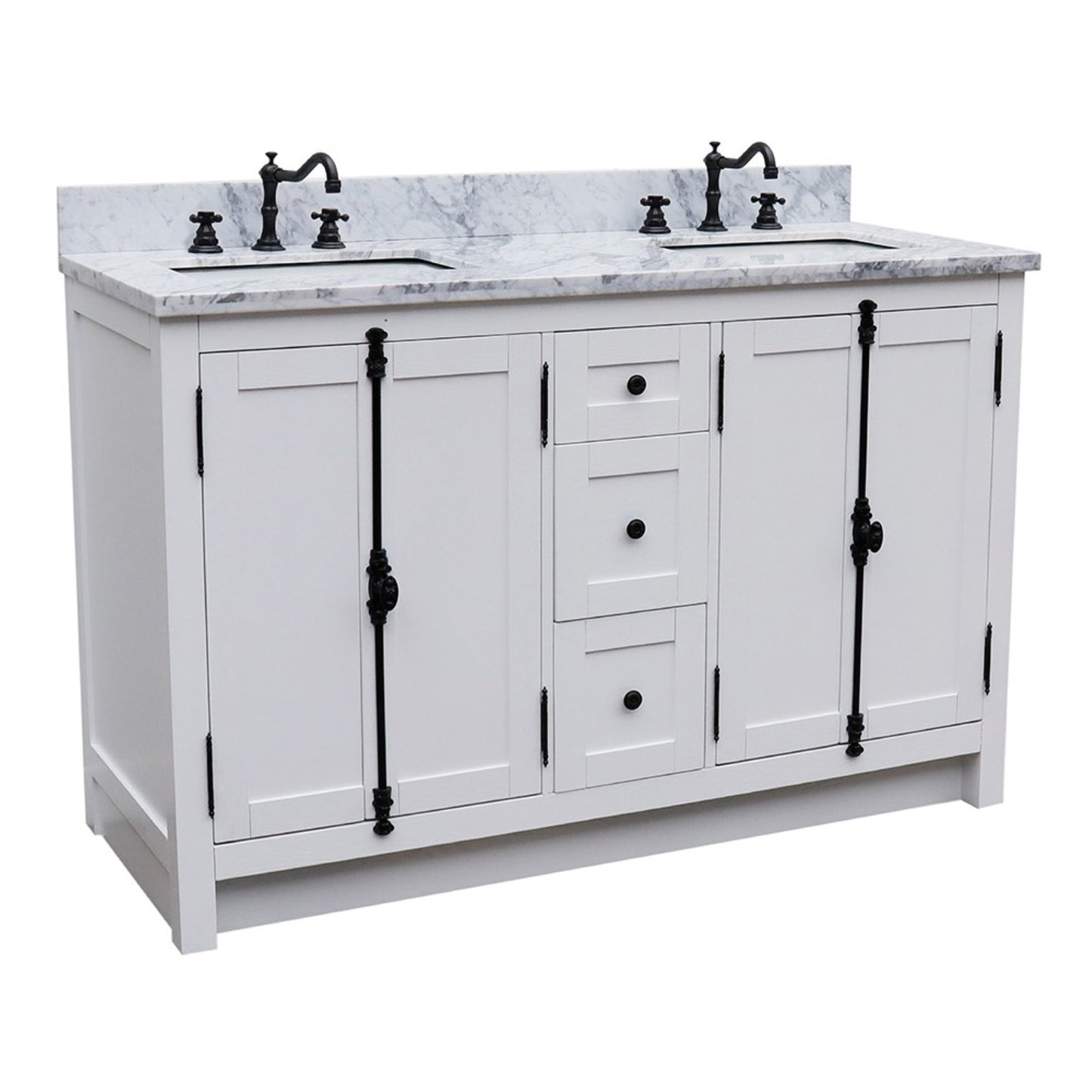 55" Double vanity in Glacier Ash finish with White Carrara marble top and rectangle sink