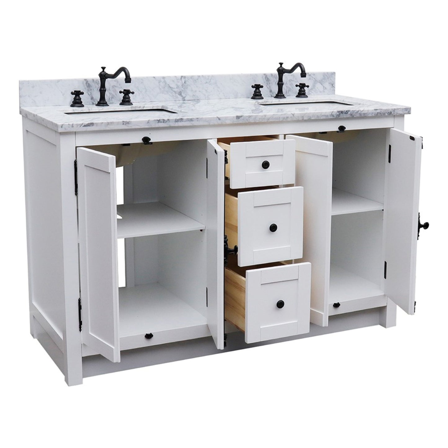 55" Double vanity in Glacier Ash finish with White Carrara marble top and rectangle sink
