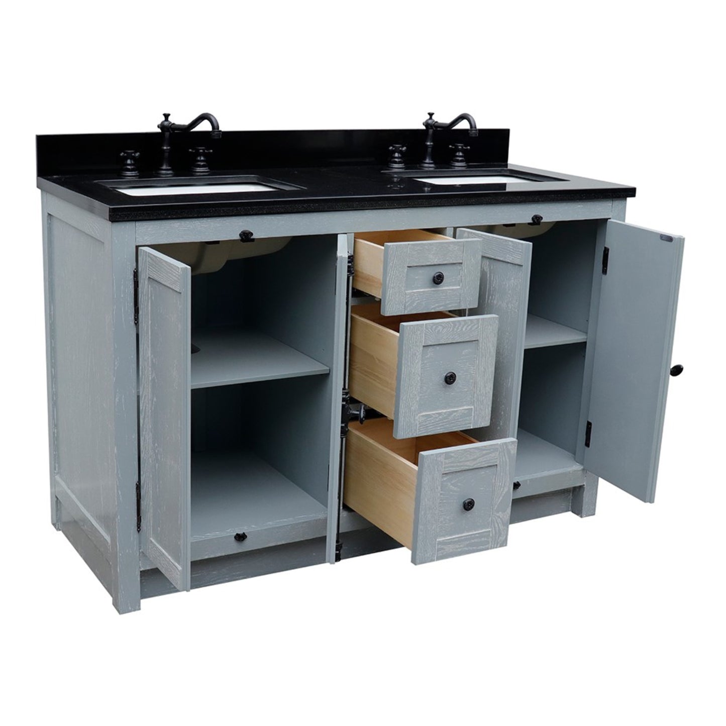 55" Double vanity in Gray Ash finish with Black Galaxy granite top and rectangle sink