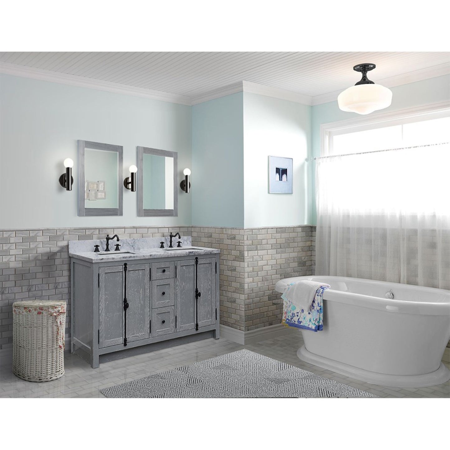 55" Double vanity in Gray Ash finish with White Carrara marble top and rectangle sink