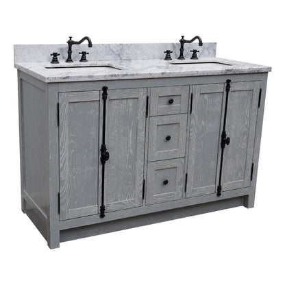 55" Double vanity in Gray Ash finish with White Carrara marble top and rectangle sink