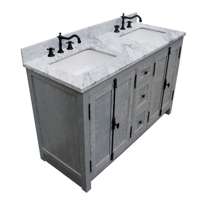 55" Double vanity in Gray Ash finish with White Carrara marble top and rectangle sink