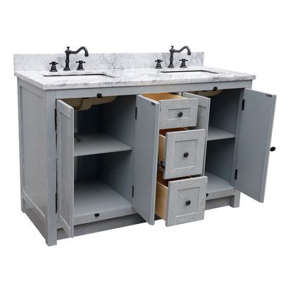 55" Double vanity in Gray Ash finish with White Carrara marble top and rectangle sink