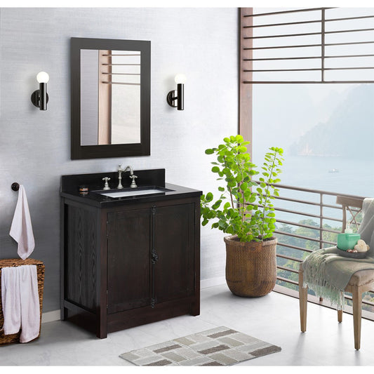 31" Single vanity in Brown Ash finish with Black Galaxy top and rectangle sink