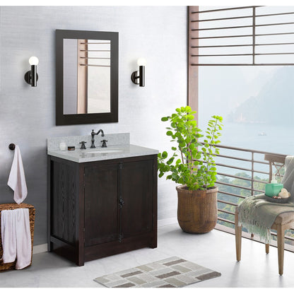 31" Single vanity in Brown Ash finish with Gray granite top and oval sink
