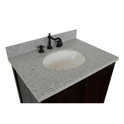 31" Single vanity in Brown Ash finish with Gray granite top and oval sink