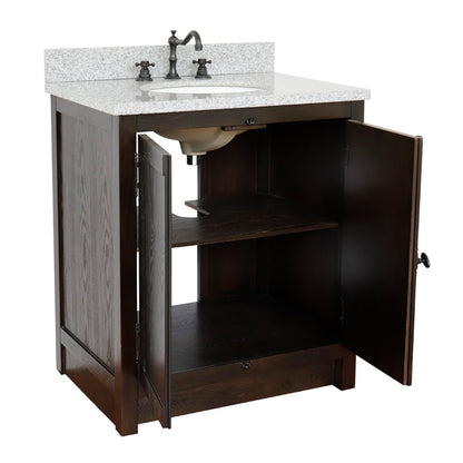 31" Single vanity in Brown Ash finish with Gray granite top and oval sink