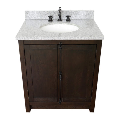 31" Single vanity in Brown Ash finish with Gray granite top and oval sink
