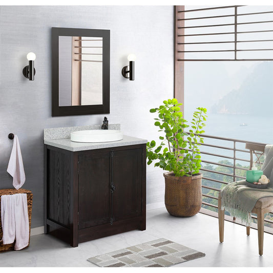 31" Single vanity in Brown Ash finish with Gray granite top and round sink
