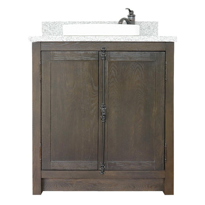 31" Single vanity in Brown Ash finish with Gray granite top and round sink