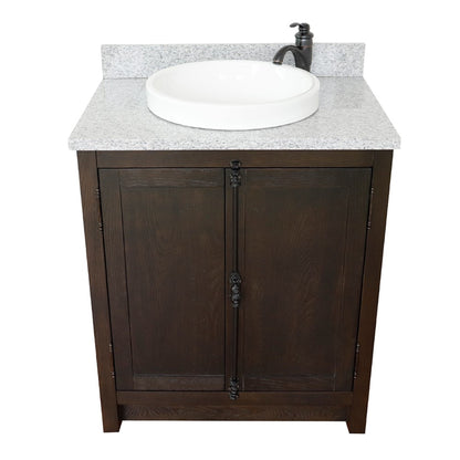 31" Single vanity in Brown Ash finish with Gray granite top and round sink