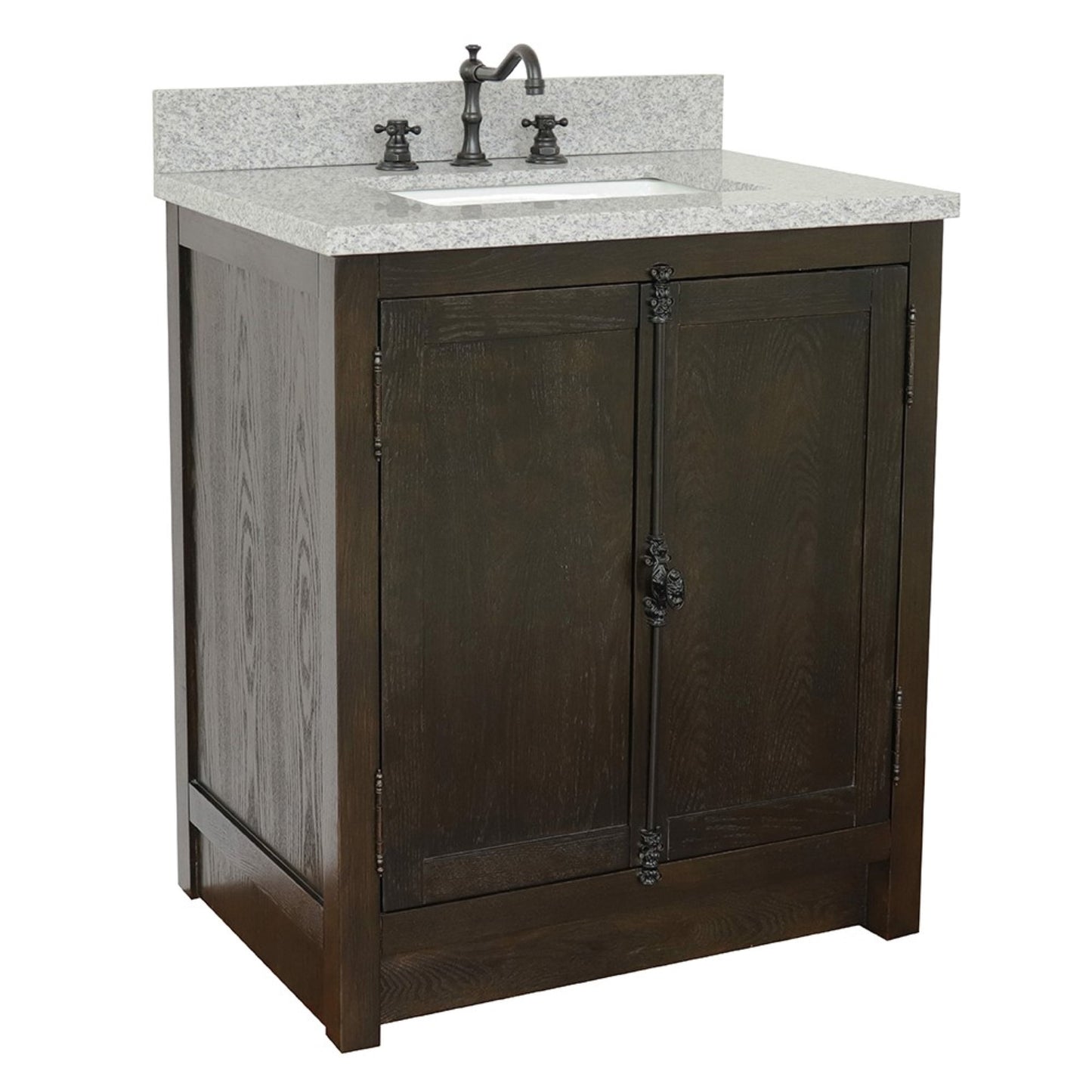 31" Single vanity in Brown Ash finish with Gray granite top and rectangle sink