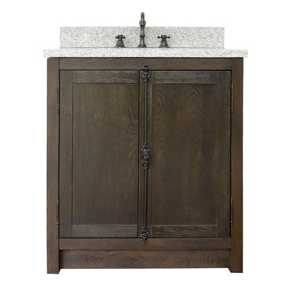 31" Single vanity in Brown Ash finish with Gray granite top and rectangle sink