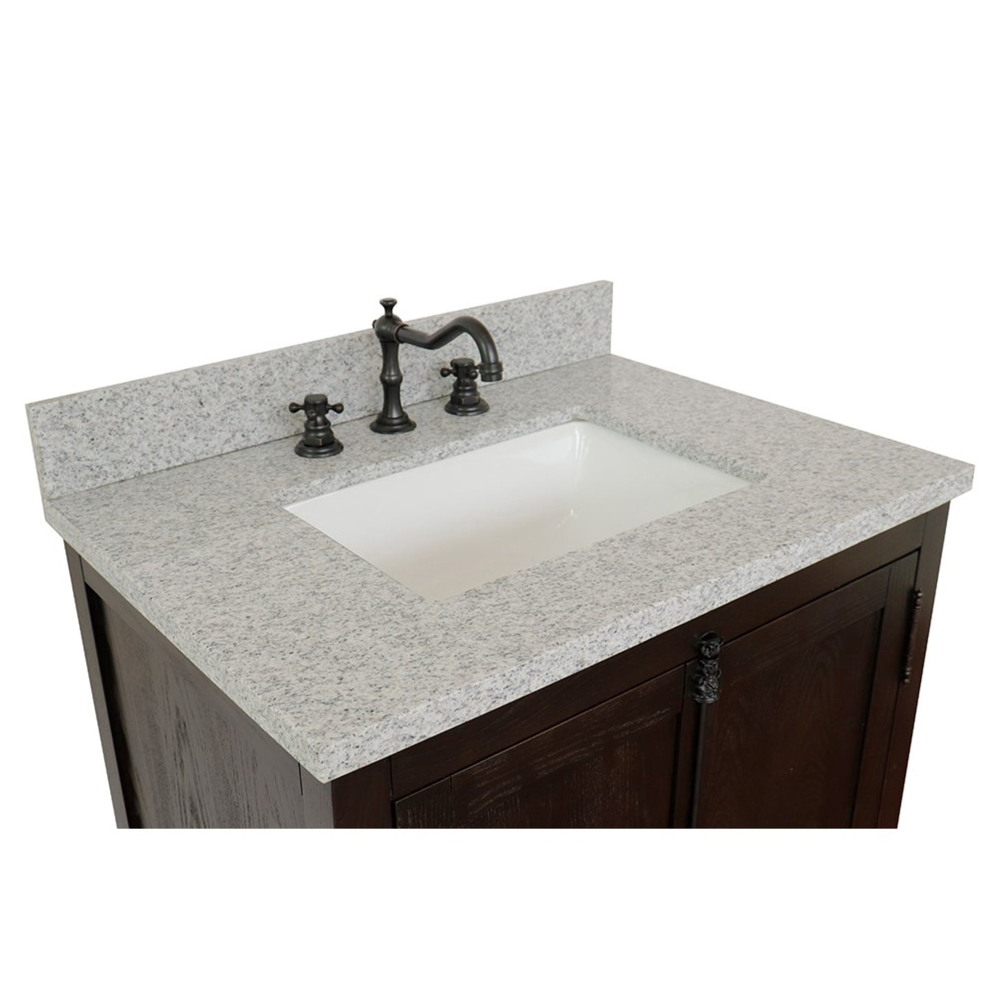 31" Single vanity in Brown Ash finish with Gray granite top and rectangle sink
