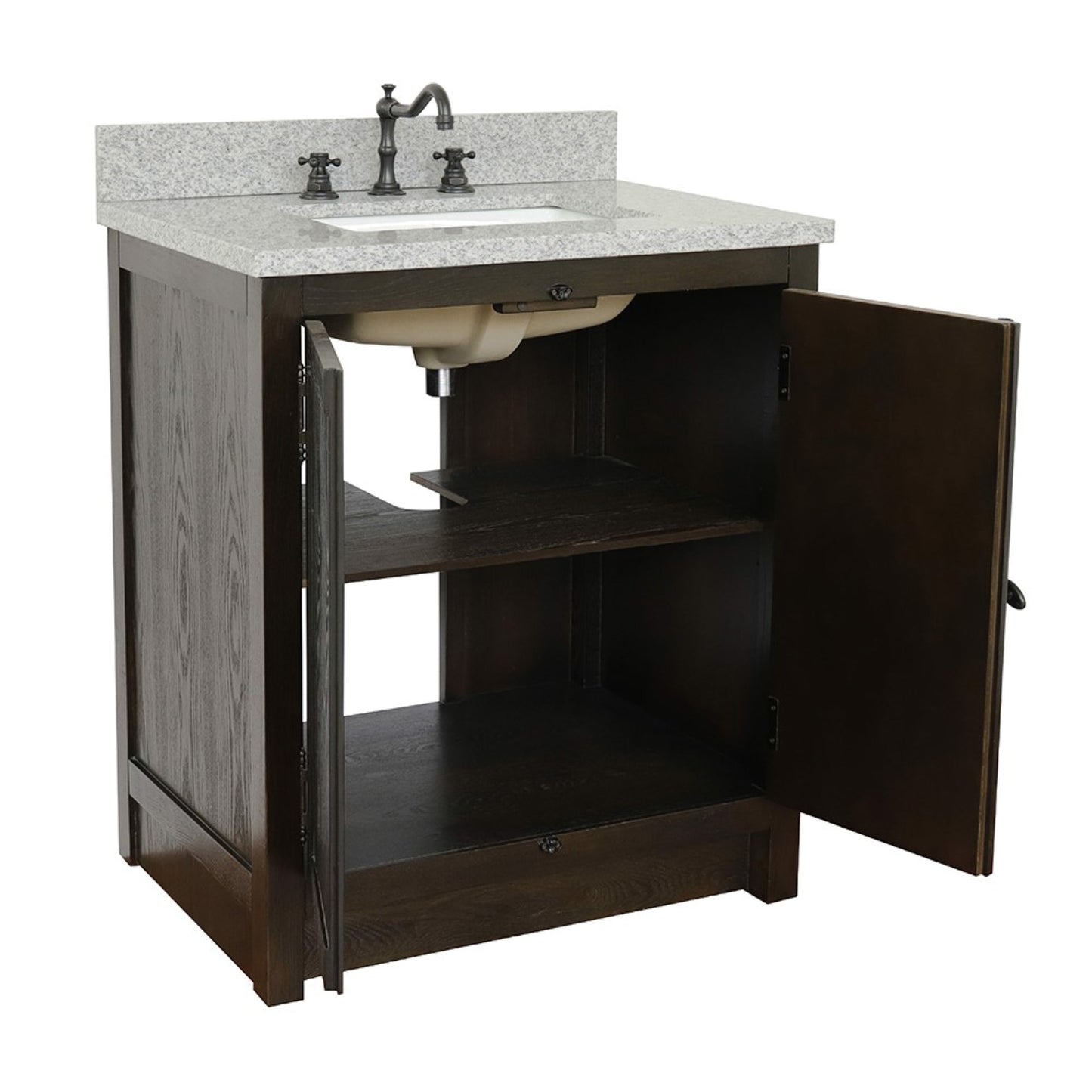 31" Single vanity in Brown Ash finish with Gray granite top and rectangle sink