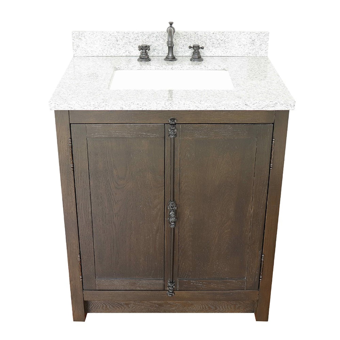 31" Single vanity in Brown Ash finish with Gray granite top and rectangle sink