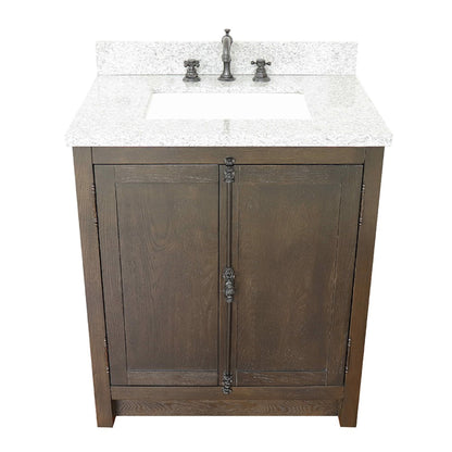 31" Single vanity in Brown Ash finish with Gray granite top and rectangle sink