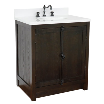 31" Single vanity in Brown Ash finish with White engineered stone top and oval sink