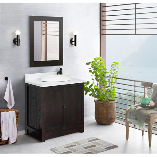 31" Single vanity in Brown Ash finish with White engineered stone top and round finish