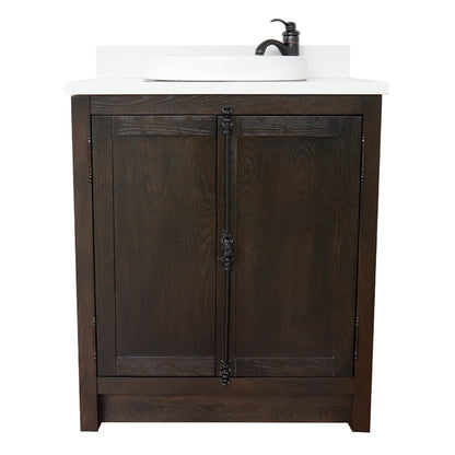 31" Single vanity in Brown Ash finish with White engineered stone top and round finish
