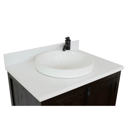 31" Single vanity in Brown Ash finish with White engineered stone top and round finish