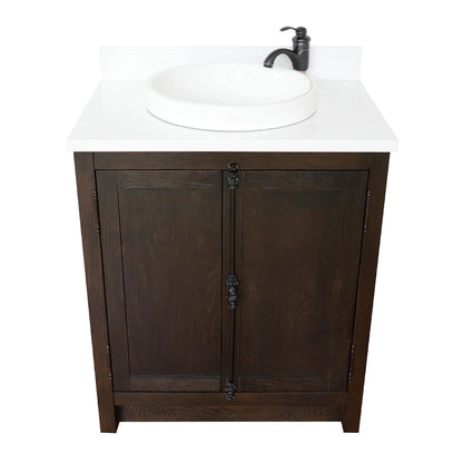 31" Single vanity in Brown Ash finish with White engineered stone top and round finish