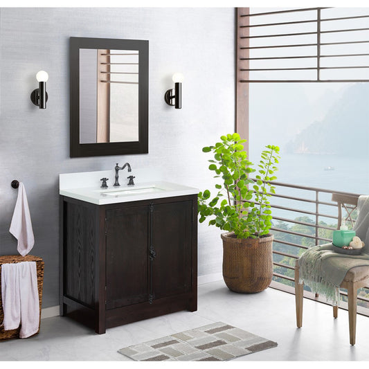 31" Single vanity in Brown Ash finish with White engineered stone top and rectangle sink