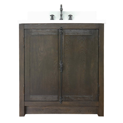 31" Single vanity in Brown Ash finish with White engineered stone top and rectangle sink
