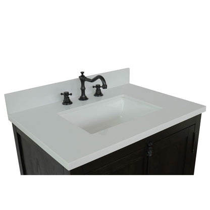 31" Single vanity in Brown Ash finish with White engineered stone top and rectangle sink