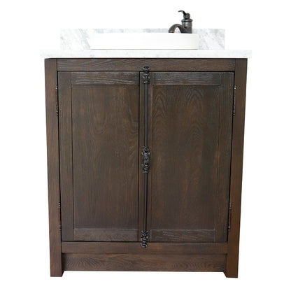 31" Single vanity in Brown Ash finish with White Carrara top and round sink