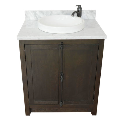 31" Single vanity in Brown Ash finish with White Carrara top and round sink