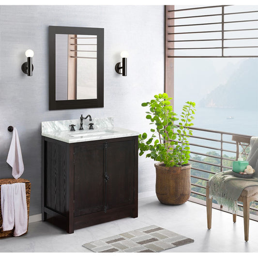 31" Single vanity in Brown Ash finish with White Carrara top and rectangle sink