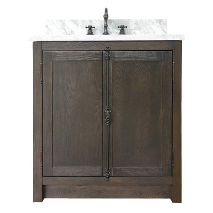 31" Single vanity in Brown Ash finish with White Carrara top and rectangle sink